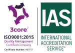 Logo showing information of 3core2 ISO9001:2015 accreditation information as per IAS International Accreditation Service standards on a transparent background.