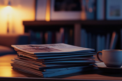 A stack of magazines and a cup of coffee on a table.
