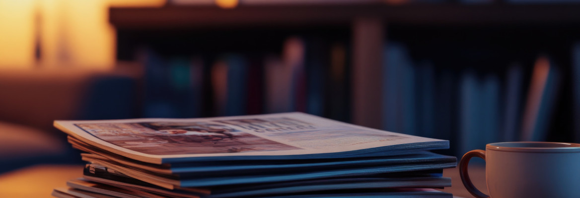 A stack of magazines and a cup of coffee on a table.
