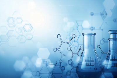 A chemistry-themed background featuring molecular structures, chemical equations, and lab equipment silhouettes.